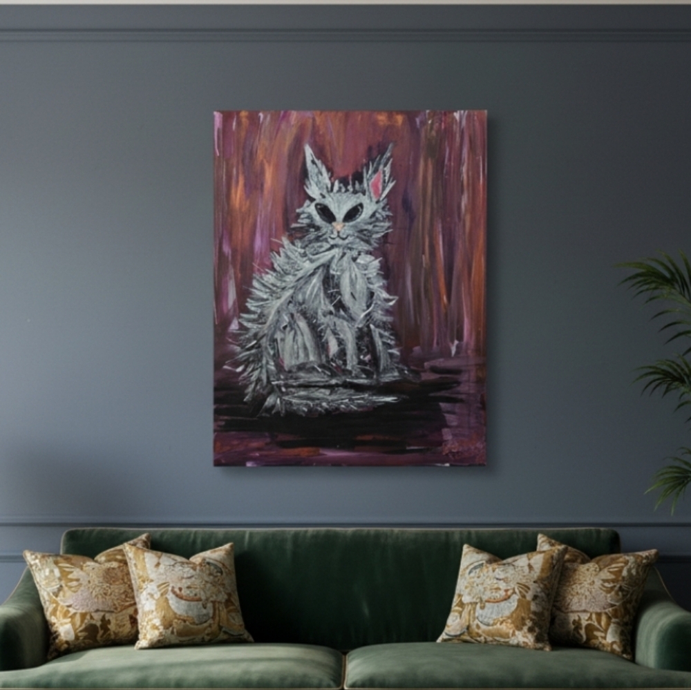 HANDCRAFTED Abstract Cat Painting HANDPAINTED Alien Artwork HANDMADE Wall Decor